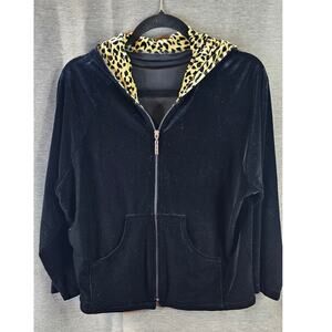 Vtg 90s Carushka Black Velvet Leopard Womens Sz M Zippered Hooded Pockets USA